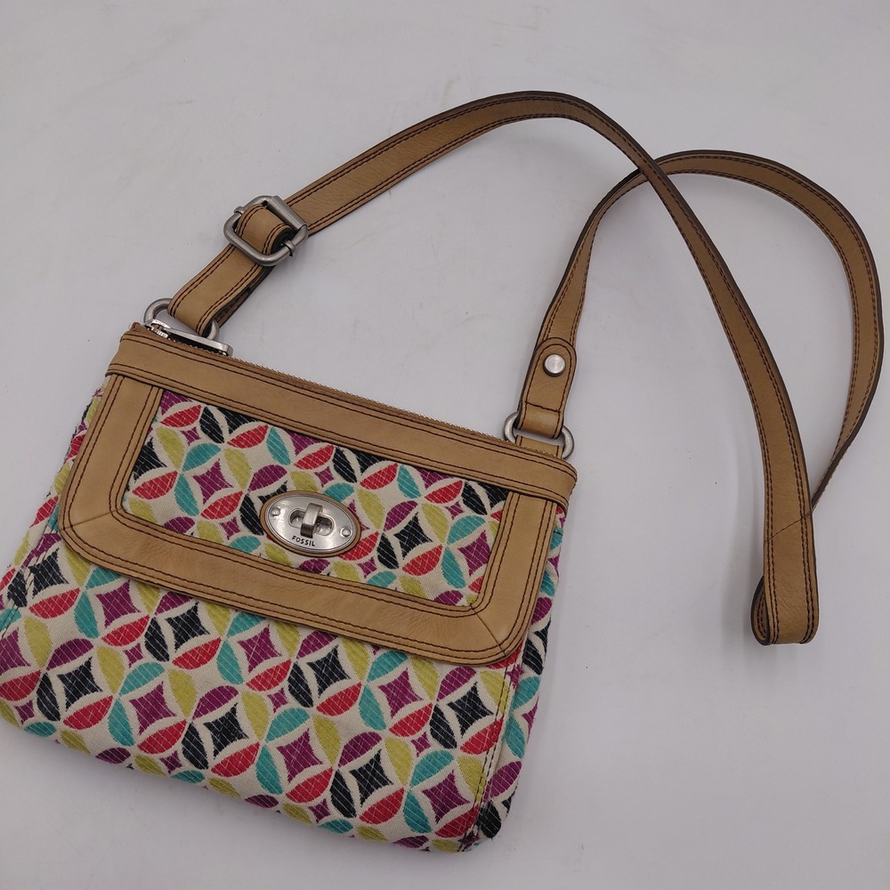 Fossil Multi Color Geometric Fabric Leather Trim Crossbody Bag Turn Lock Pocket